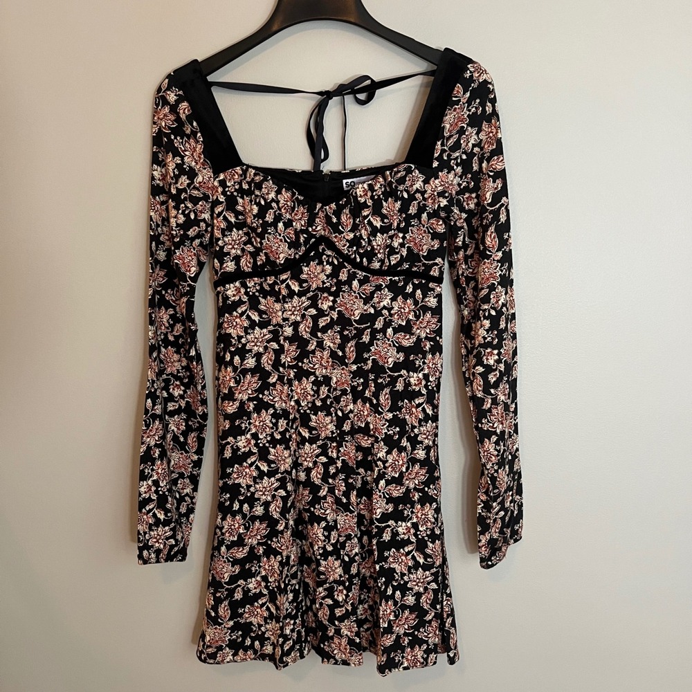 Floral Mini Dress Velvet Trim Long Sleeve S Milkmaid Whimsigoth Grunge Academia